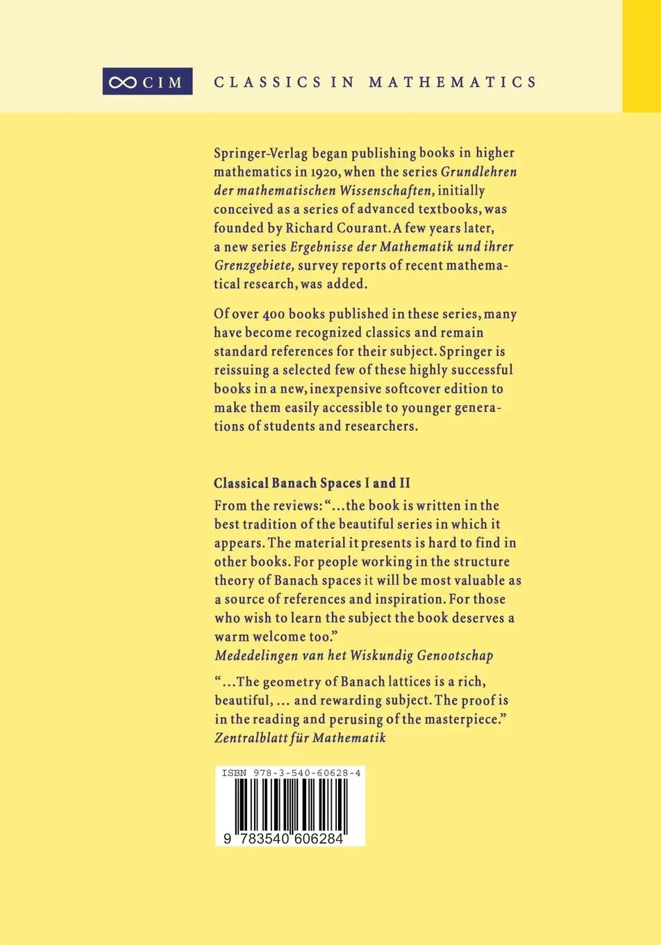 Rückseite: 9783540606284 | Classical Banach Spaces I and II | Sequence Spaces and Function Spaces