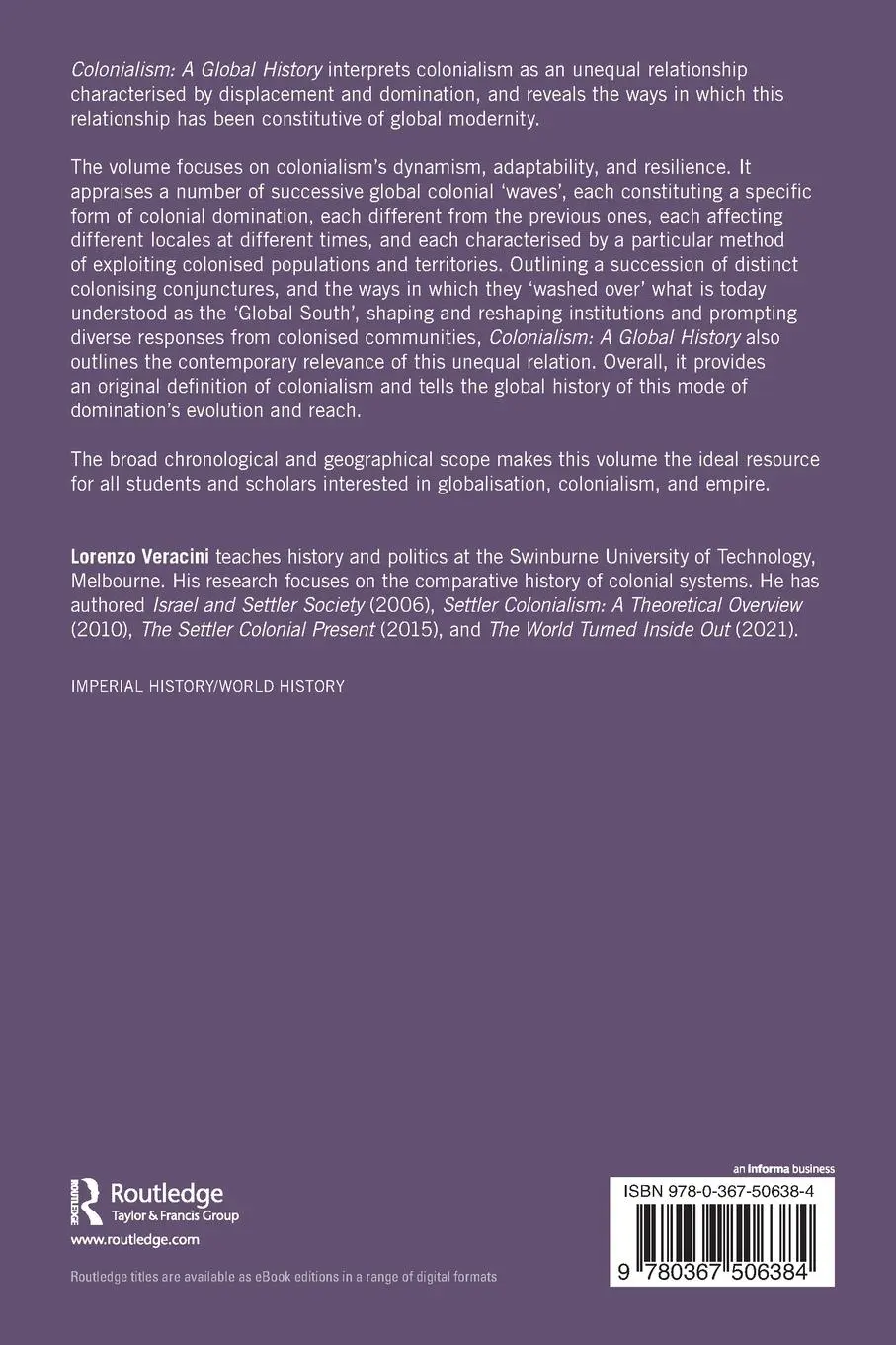 Rückseite: 9780367506384 | Colonialism | A Global History | Lorenzo Veracini | Taschenbuch | 2022