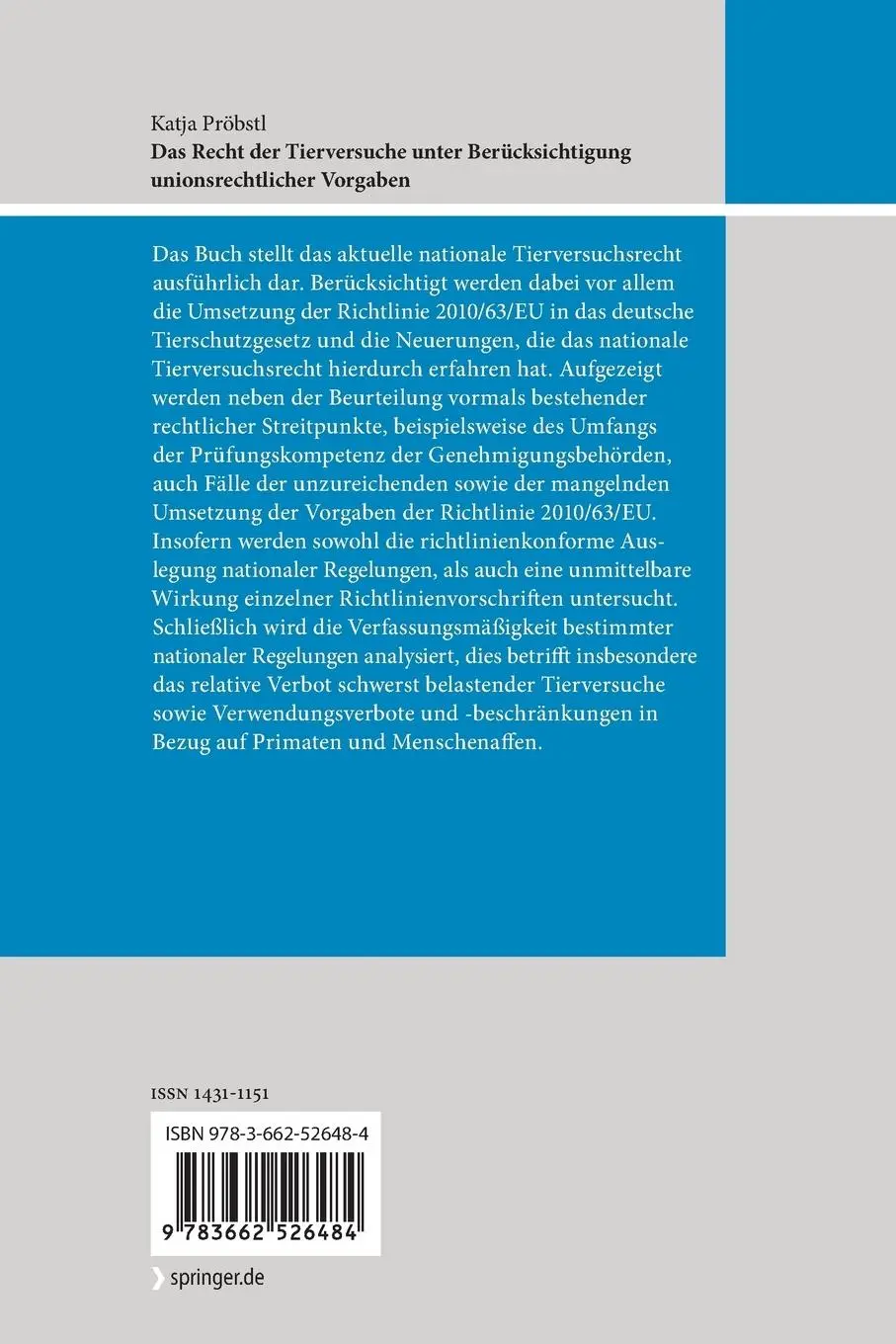 Rückseite: 9783662526484 | Das Recht der Tierversuche unter Berücksichtigung unionsrechtlicher...