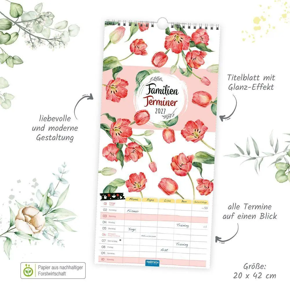 Bild: 9783988026484 | TRÖTSCH - Familienkalender Familienterminer Blumen 2027 | Wandkalender