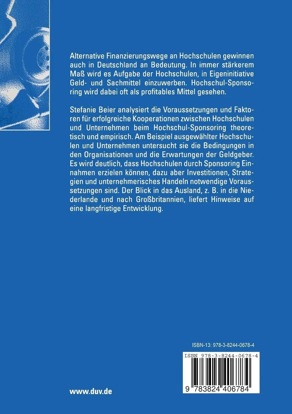 Rückseite: 9783824406784 | Hochschul-Sponsoring | Stefanie Beier | Taschenbuch | xvi | Deutsch