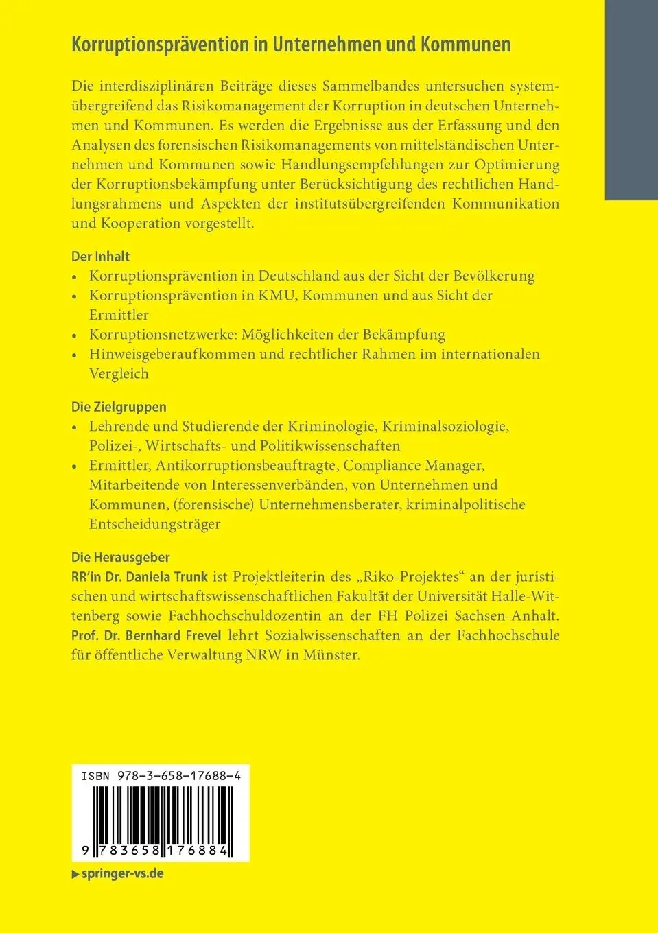 Rückseite: 9783658176884 | Korruptionsprävention in Unternehmen und Kommunen | Frevel (u. a.) | v