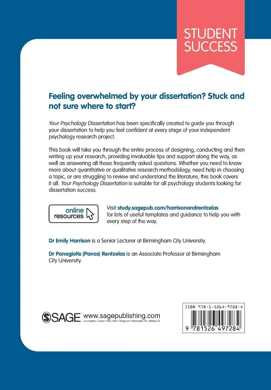 Rückseite: 9781526497284 | Your Psychology Dissertation | Emily Harrison (u. a.) | Taschenbuch