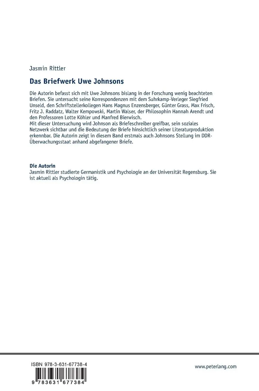 Rückseite: 9783631677384 | Das Briefwerk Uwe Johnsons | Jasmin Rittler | Buch | Gebunden | 2016