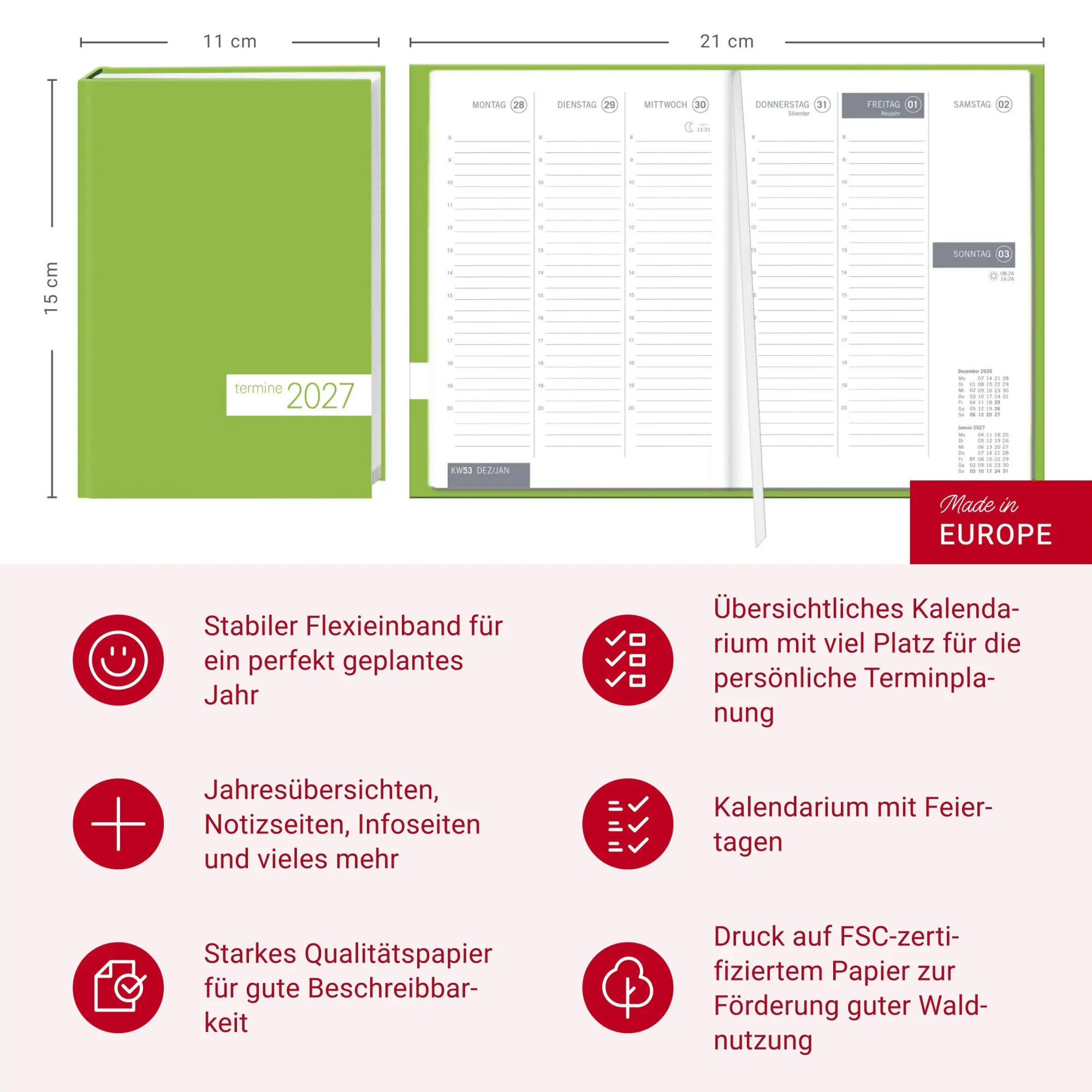 Bild: 9783756417384 | times&amp;more Grün Kalenderbuch 2027 | Taschenbuch | Bürokalender Heye