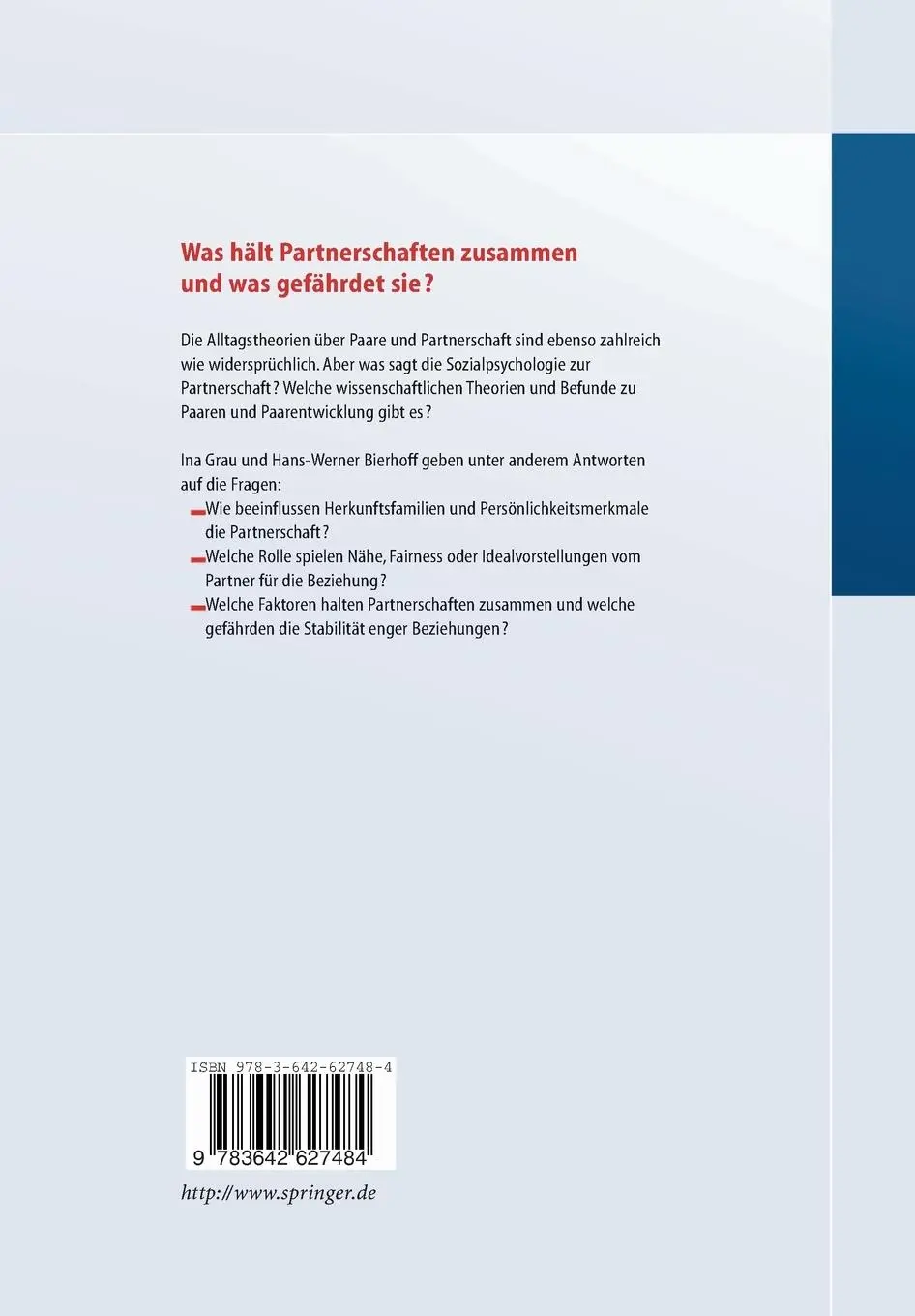 Rückseite: 9783642627484 | Sozialpsychologie der Partnerschaft | Hans-Werner Bierhoff (u. a.)