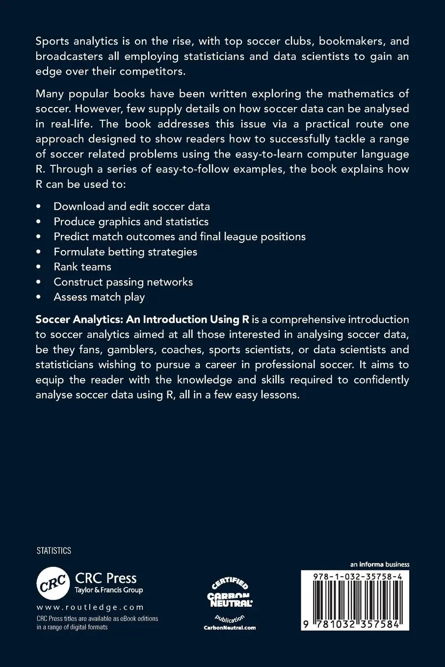 Rückseite: 9781032357584 | Soccer Analytics | An Introduction Using R | Clive Beggs | Taschenbuch
