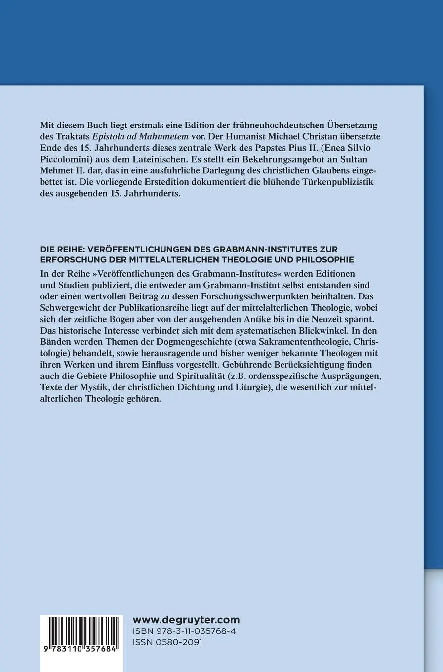 Rückseite: 9783110357684 | Papst Pius II. an Sultan Mehmet II. | Jonas Göhler (u. a.) | Buch | VI