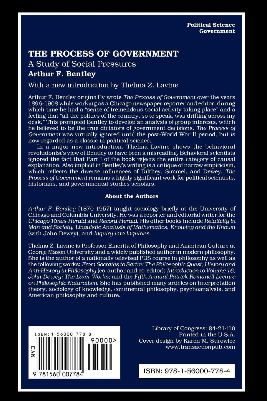 Rückseite: 9781560007784 | The Process of Government | A Study of Social Pressures | Bentley