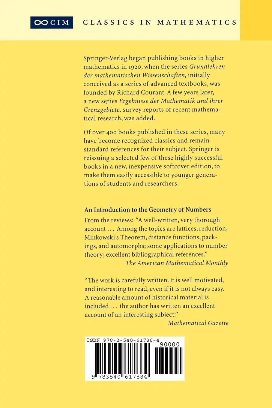Rückseite: 9783540617884 | An Introduction to the Geometry of Numbers | J. W. S. Cassels | Buch