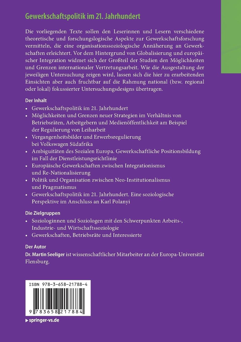 Rückseite: 9783658217884 | Gewerkschaftspolitik im 21. Jahrhundert | Martin Seeliger | Buch | v