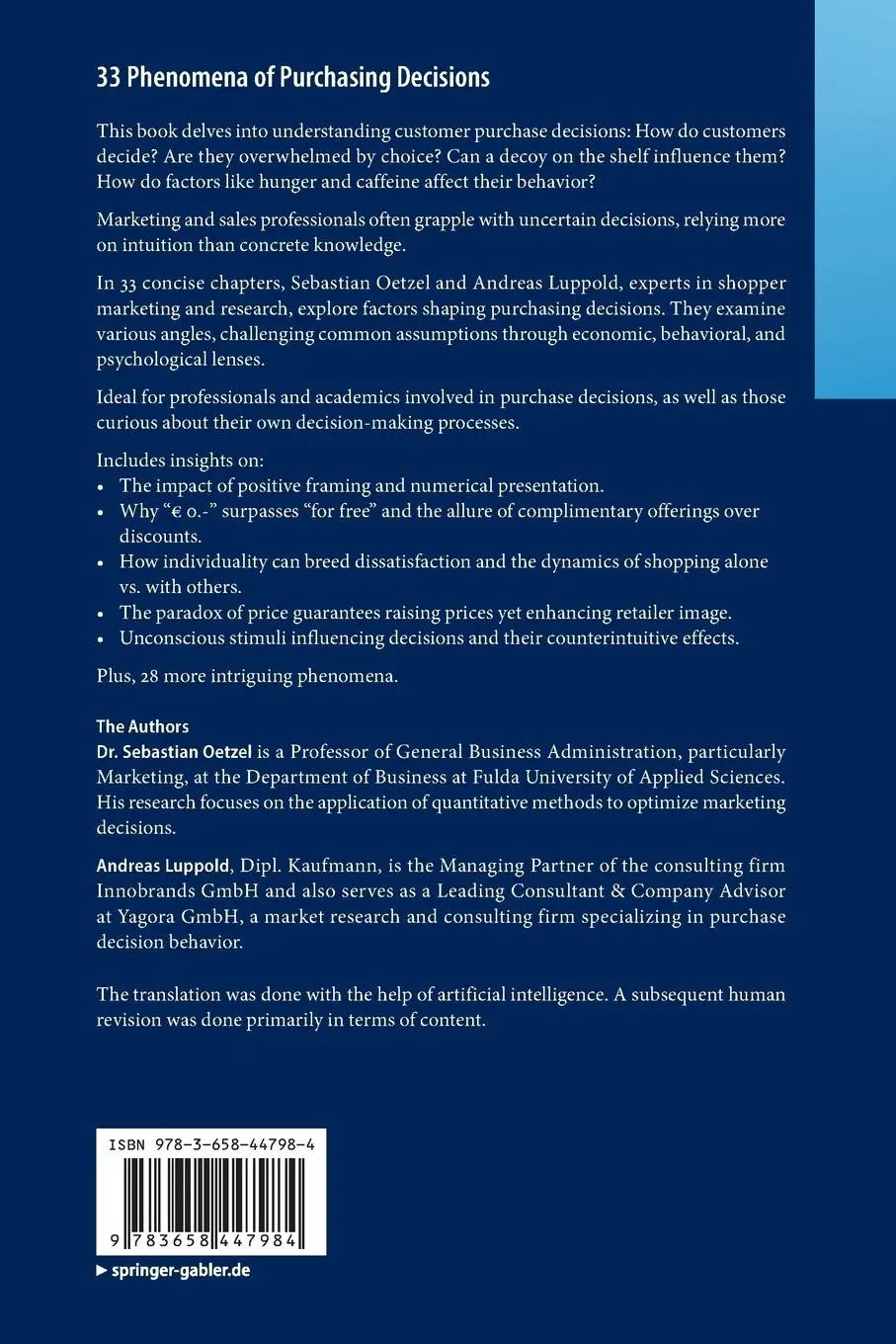 Rückseite: 9783658447984 | 33 Phenomena of Purchasing Decisions | Sebastian Oetzel (u. a.) | Buch