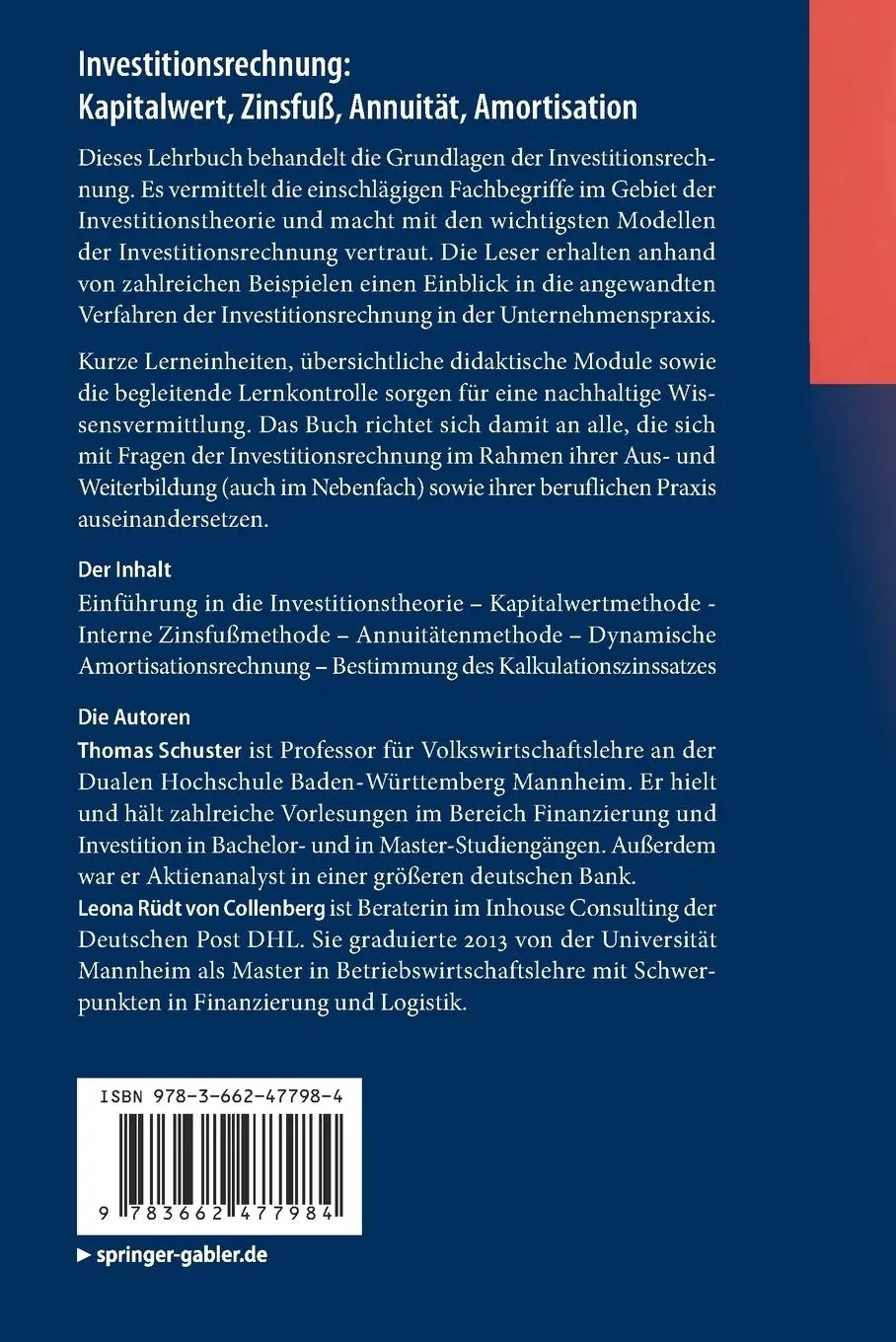 Rückseite: 9783662477984 | Investitionsrechnung: Kapitalwert, Zinsfuß, Annuität, Amortisation