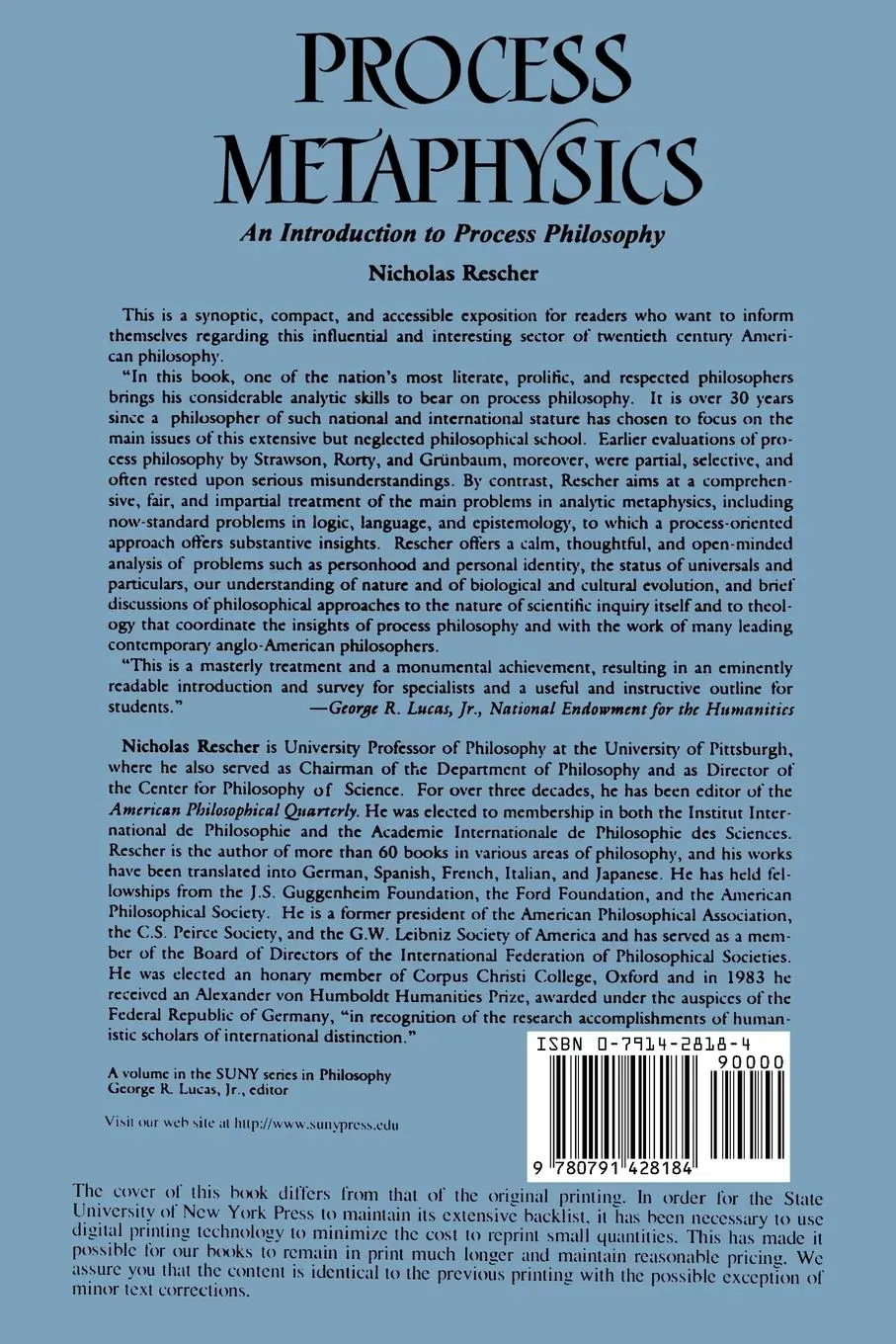 Rückseite: 9780791428184 | Process Metaphysics | An Introduction to Process Philosophy | Rescher