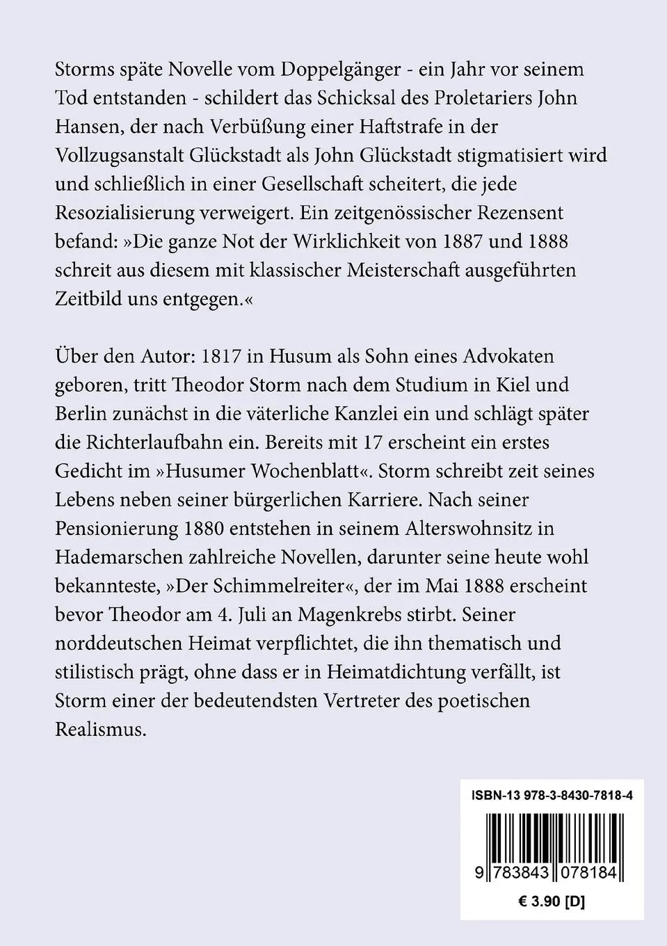 Rückseite: 9783843078184 | Ein Doppelgänger | Theodor Storm | Taschenbuch | 60 S. | Deutsch
