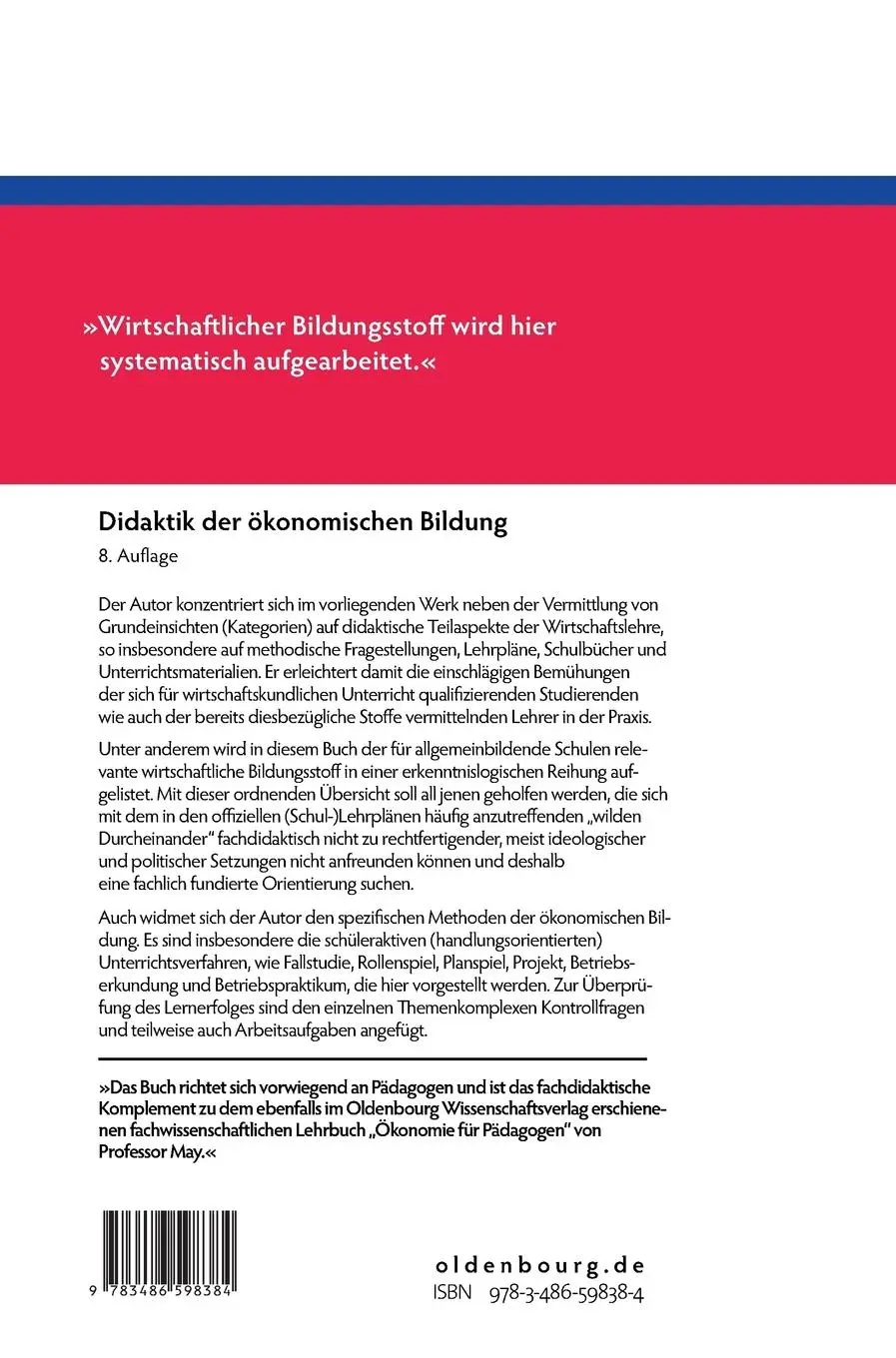 Rückseite: 9783486598384 | Didaktik der ökonomischen Bildung | Hermann May | Buch | X | Deutsch