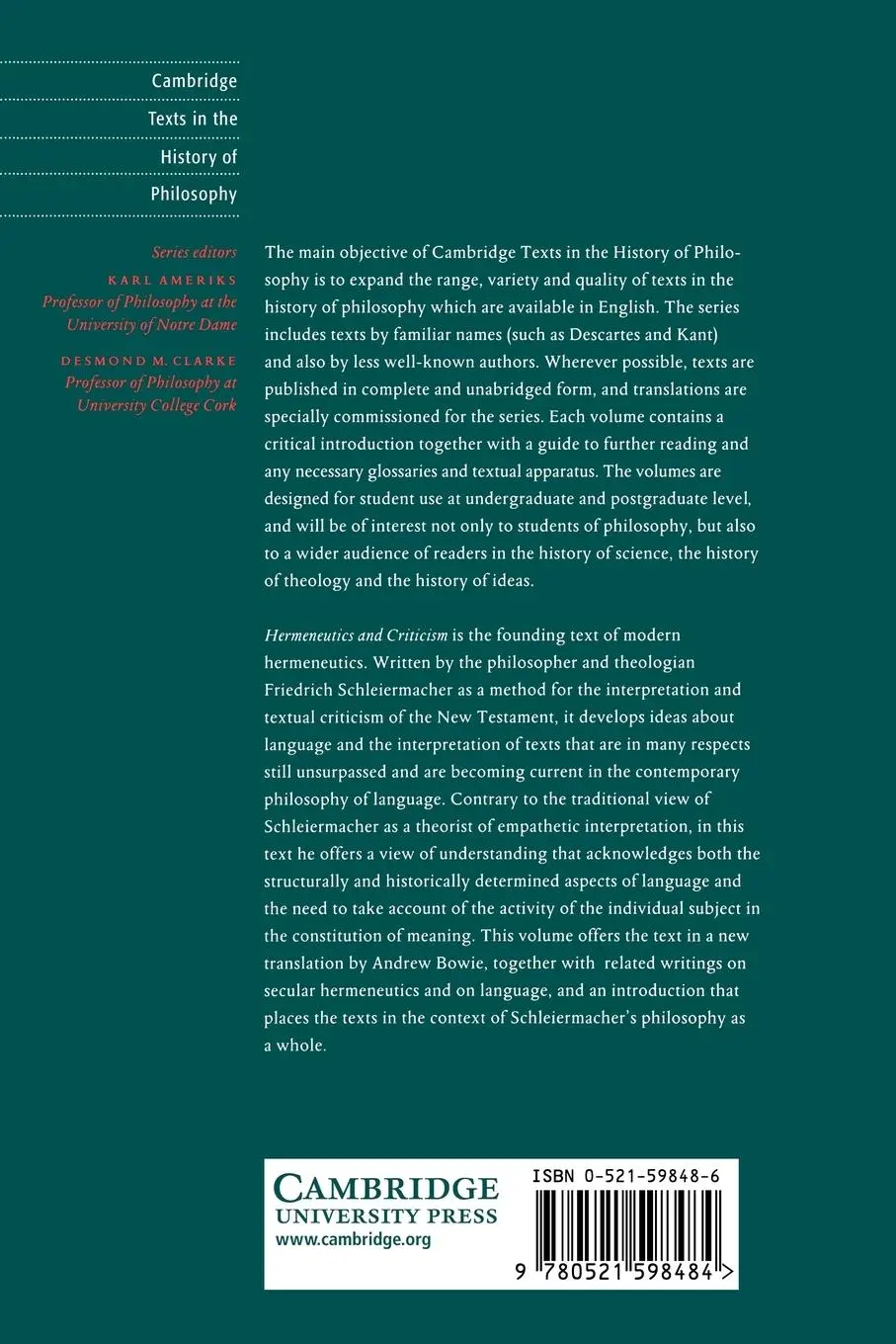 Rückseite: 9780521598484 | Schleiermacher | Hermeneutics and Criticism: And Other Writings | Buch