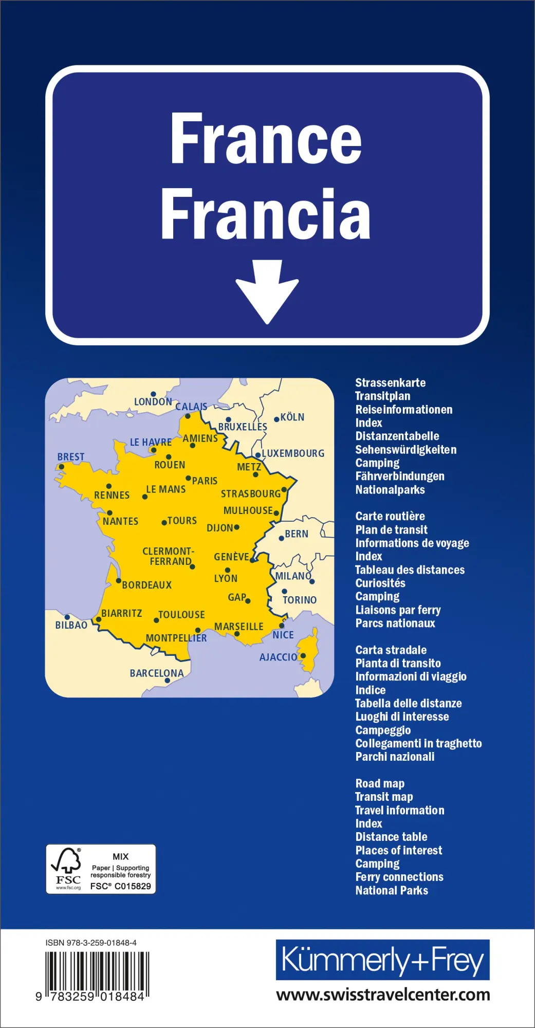 Rückseite: 9783259018484 | Kümmerly+Frey Strassenkarte Frankreich 1:1 Mio. | AG | (Land-)Karte