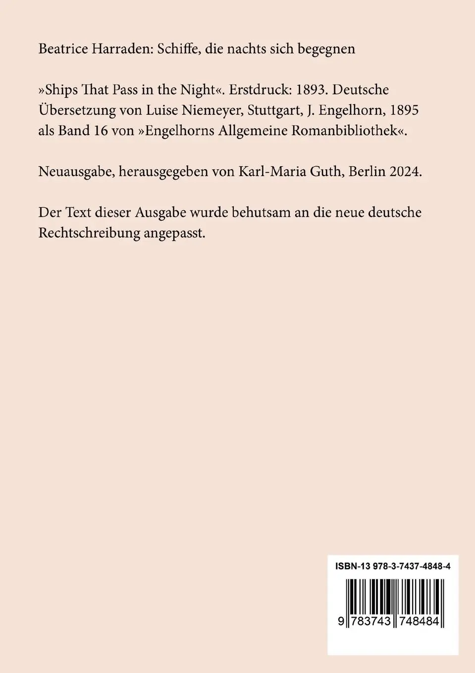 Rückseite: 9783743748484 | Schiffe, die nachts sich begegnen | Beatrice Harraden | Taschenbuch