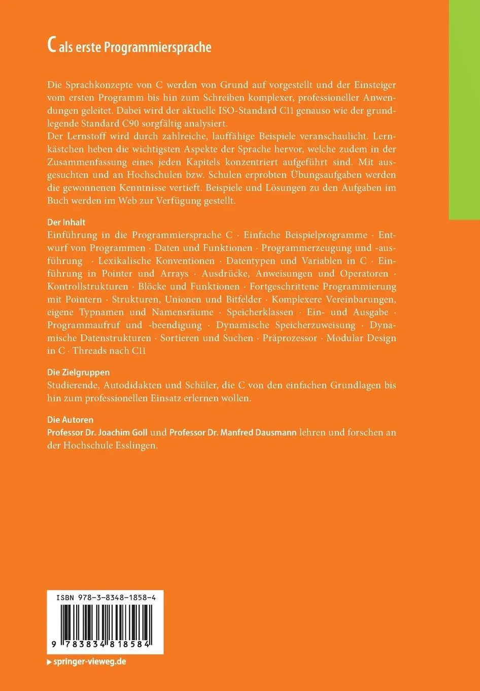 Rückseite: 9783834818584 | C als erste Programmiersprache | Mit den Konzepten von C11 | Buch