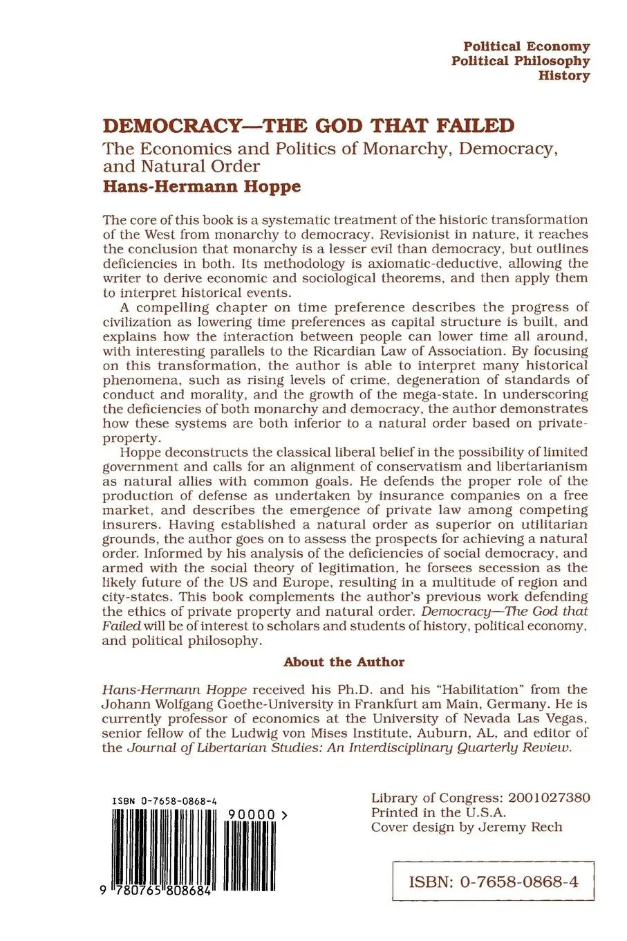 Rückseite: 9780765808684 | Democracy - The God That Failed | Hans-Hermann Hoppe | Taschenbuch