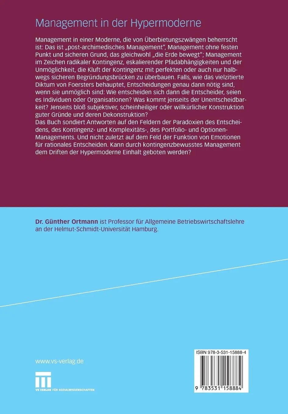 Rückseite: 9783531158884 | Management in der Hypermoderne | Kontingenz und Entscheidung | Ortmann