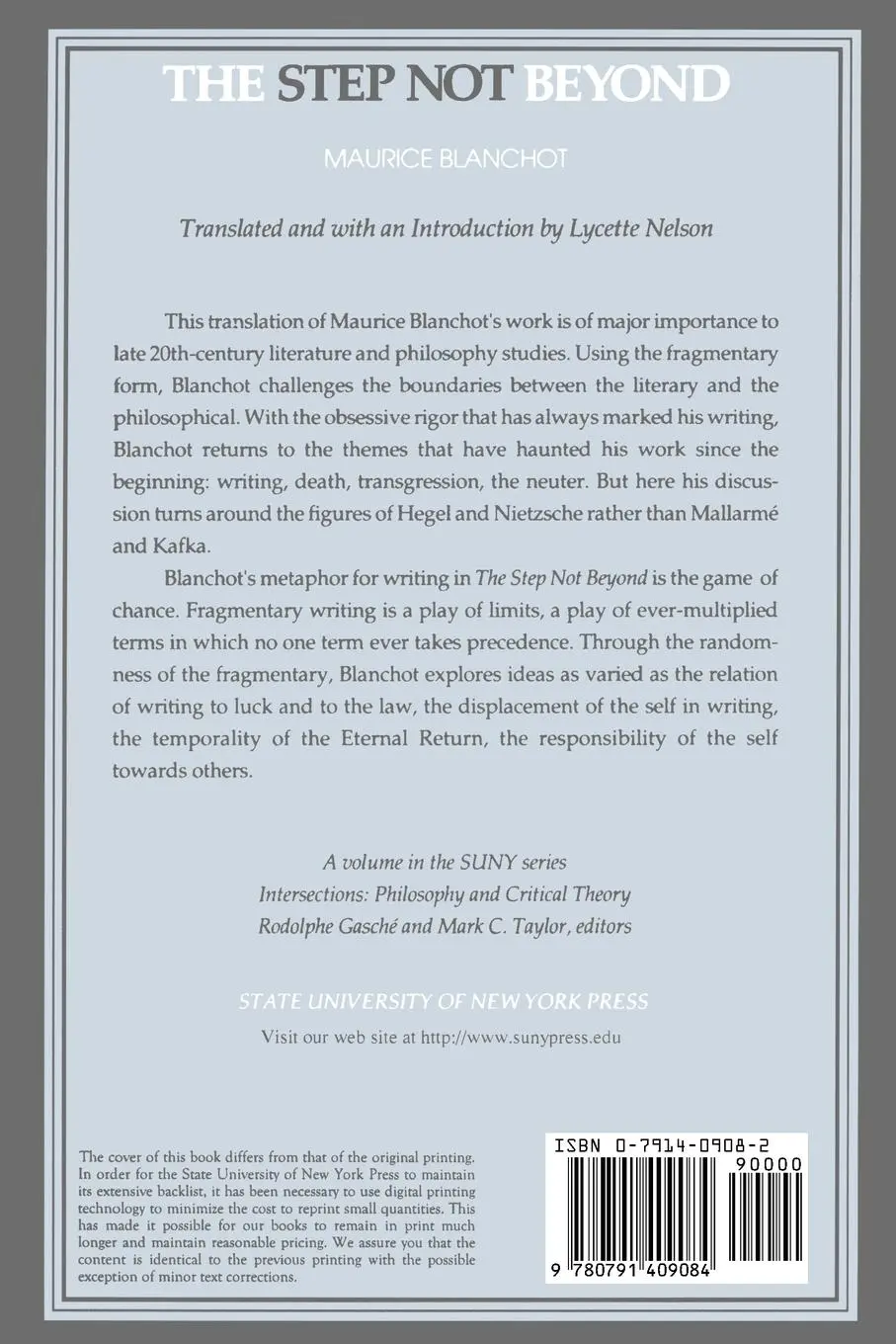 Rückseite: 9780791409084 | The Step Not Beyond | Maurice Blanchot | Taschenbuch | Englisch | 1992