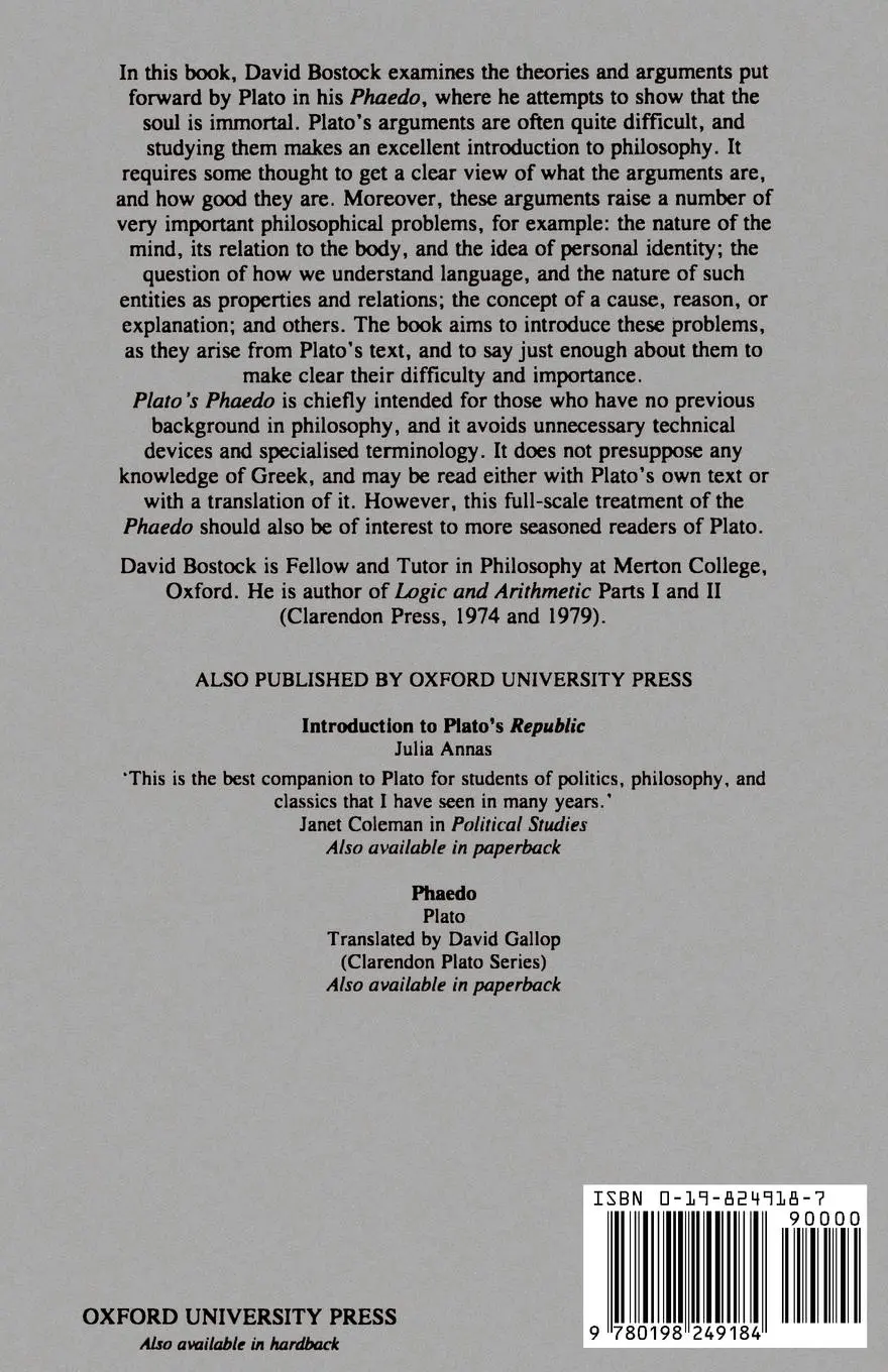 Rückseite: 9780198249184 | Plato's Phaedo | David Bostock | Taschenbuch | Englisch | 1986