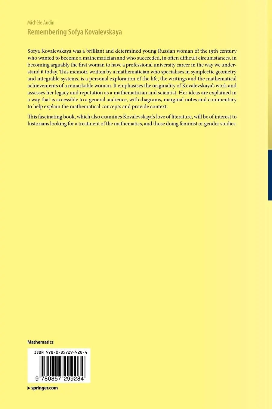 Rückseite: 9780857299284 | Remembering Sofya Kovalevskaya | Michèle Audin | Buch | ix | Englisch
