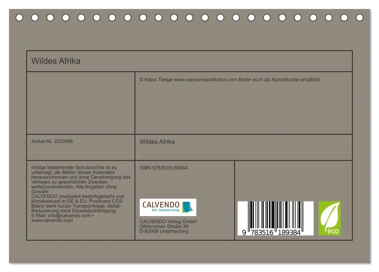 Bild: 9783516189384 | Wildes Afrika (Tischkalender 2026 DIN A5 quer), CALVENDO...