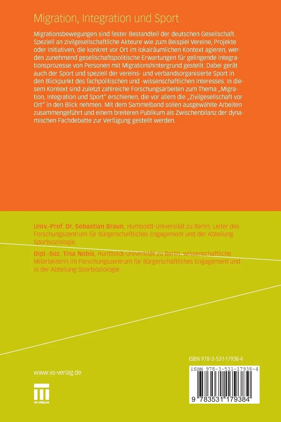 Rückseite: 9783531179384 | Migration, Integration und Sport | Zivilgesellschaft vor Ort | Buch