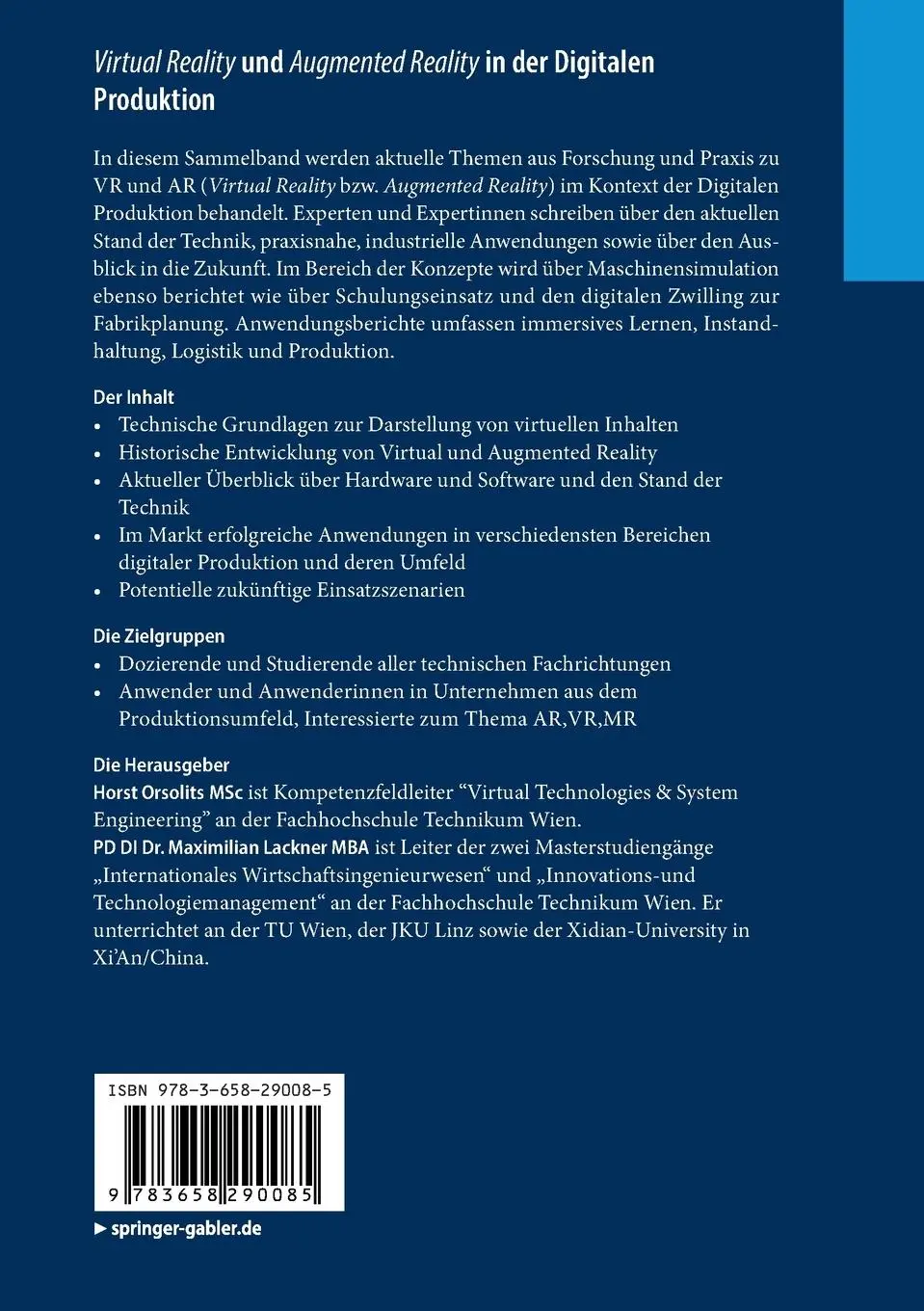 Rückseite: 9783658290085 | Virtual Reality und Augmented Reality in der Digitalen Produktion