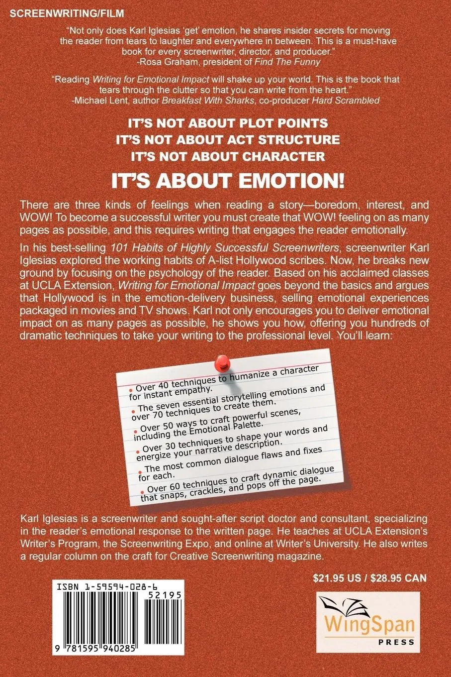 Rückseite: 9781595940285 | Writing for Emotional Impact | Karl Iglesias | Taschenbuch | Englisch