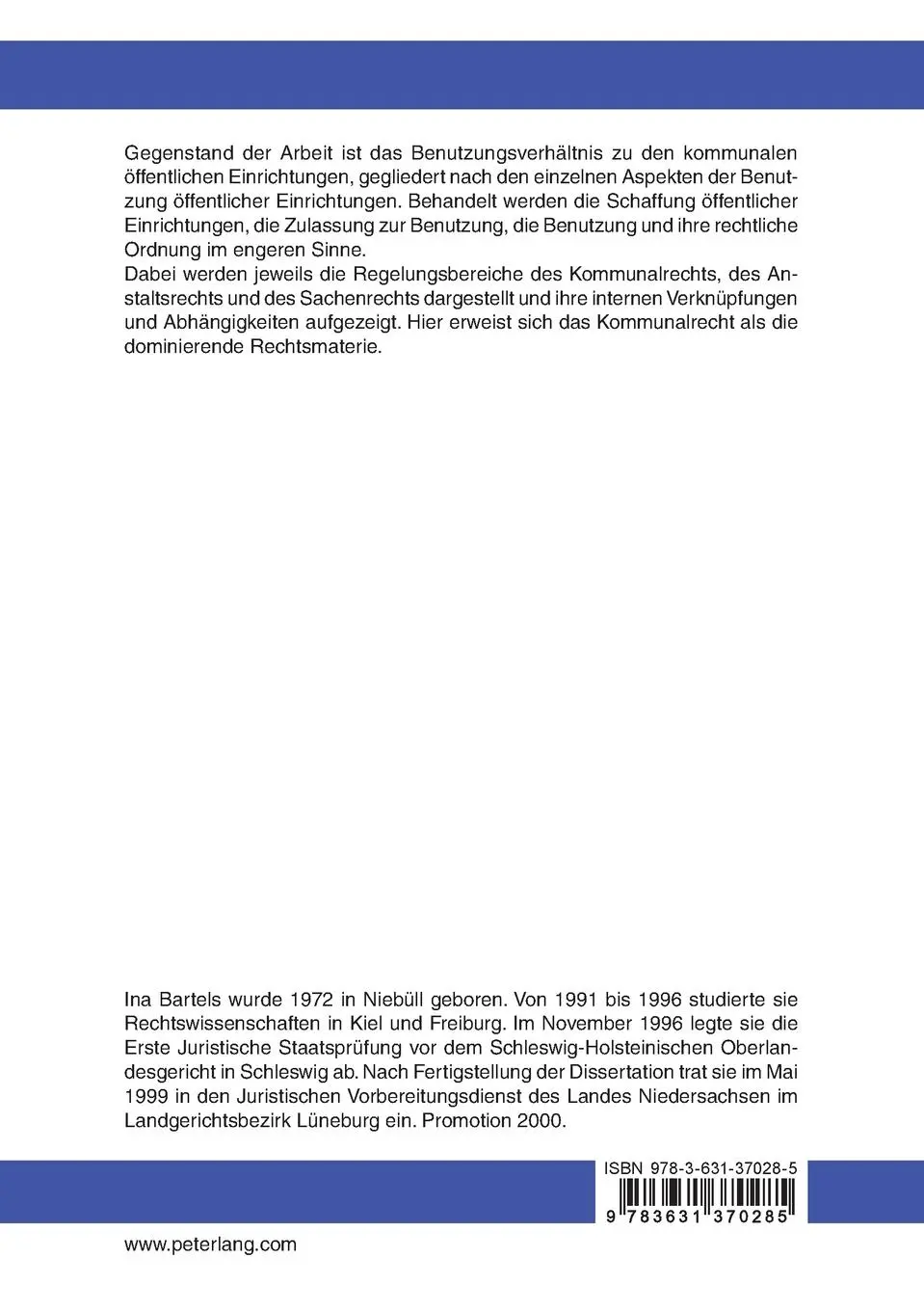 Rückseite: 9783631370285 | Die rechtliche Ordnung der Benutzung öffentlicher Einrichtungen | Buch