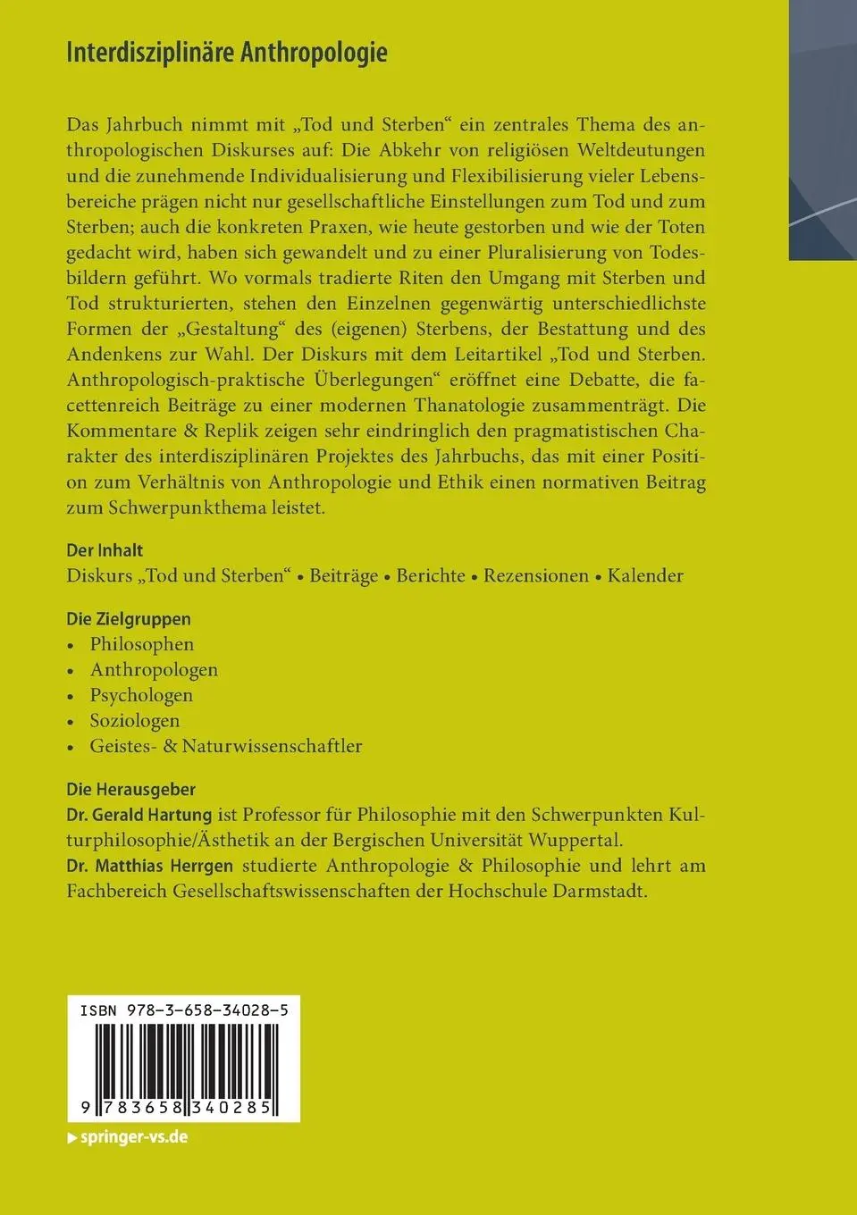 Rückseite: 9783658340285 | Interdisziplinäre Anthropologie | Jahrbuch 8/2020: Tod &amp; Sterben
