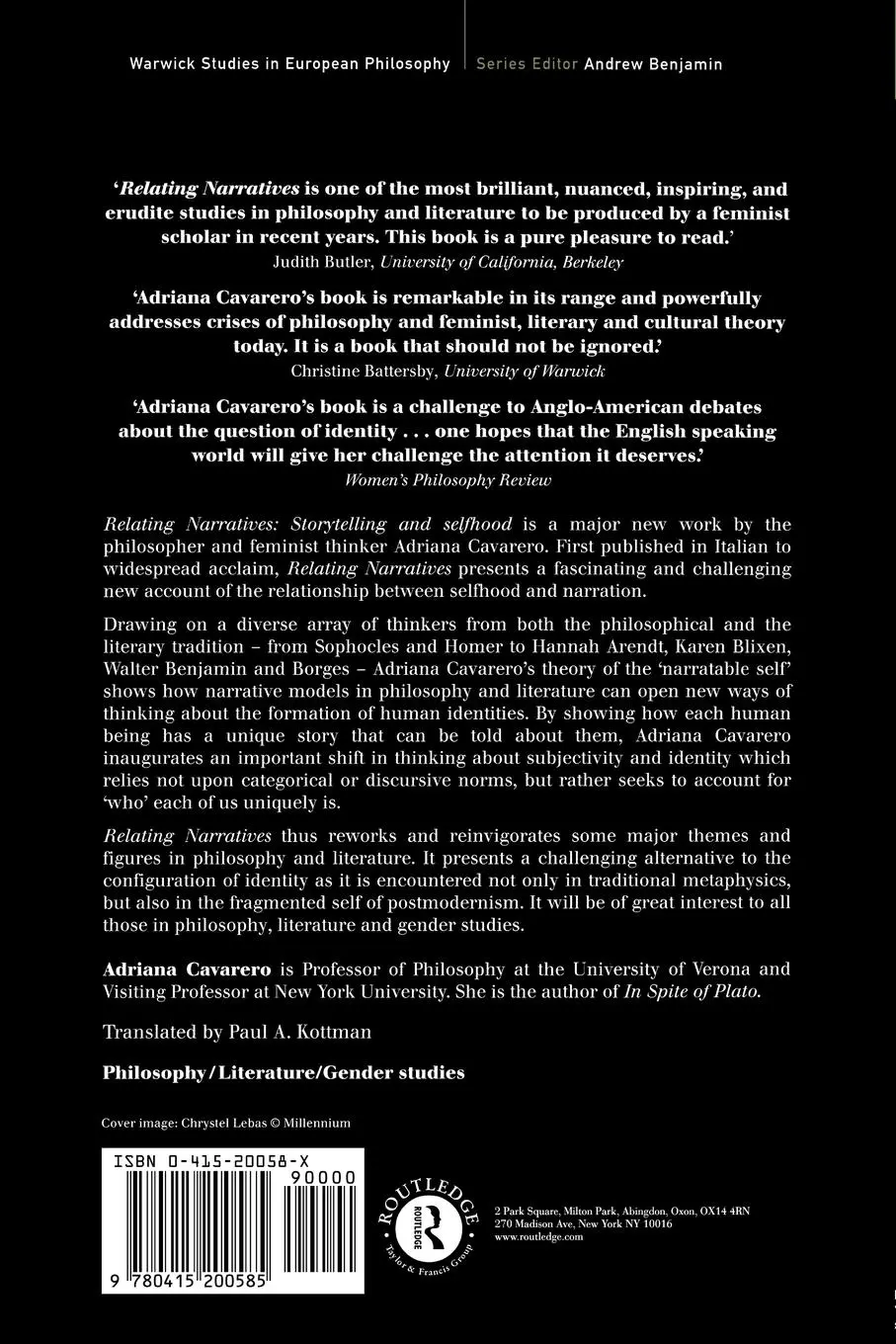 Rückseite: 9780415200585 | Relating Narratives | Storytelling and Selfhood | Adriana Cavarero