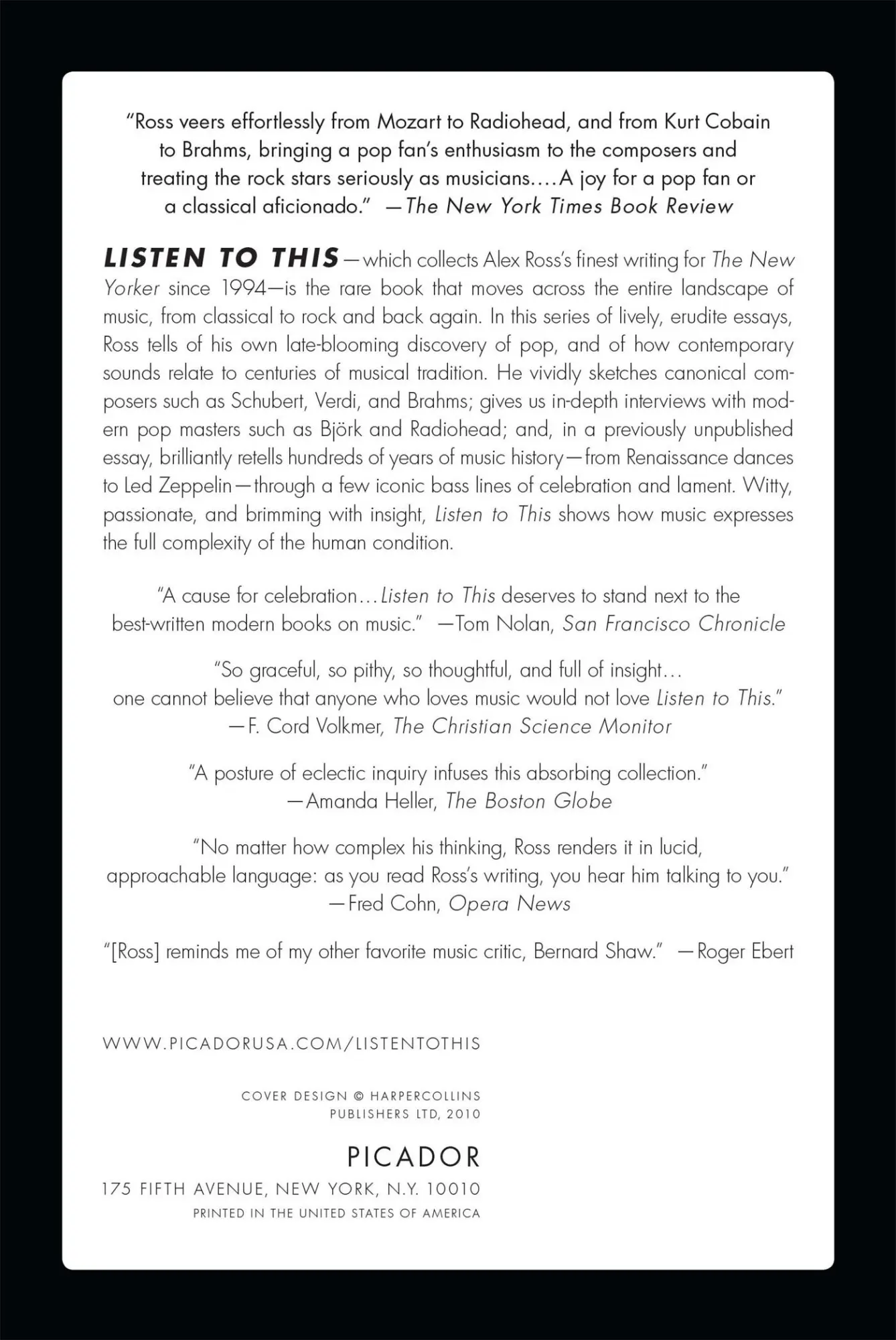 Rückseite: 9780312610685 | Listen to This | Alex Ross | Taschenbuch | Kartoniert / Broschiert