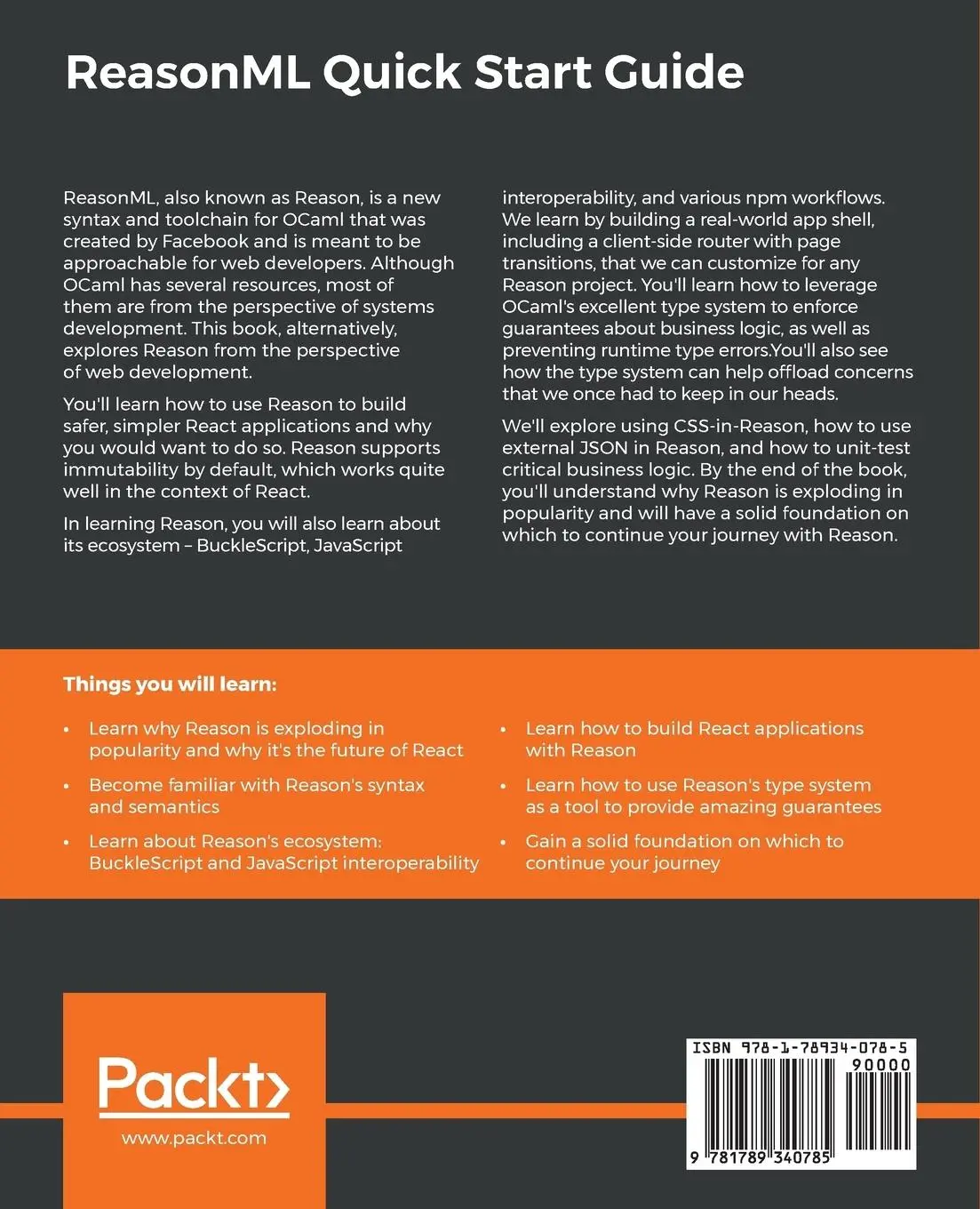 Rückseite: 9781789340785 | ReasonML Quick Start Guide | Raphael Rafatpanah (u. a.) | Taschenbuch