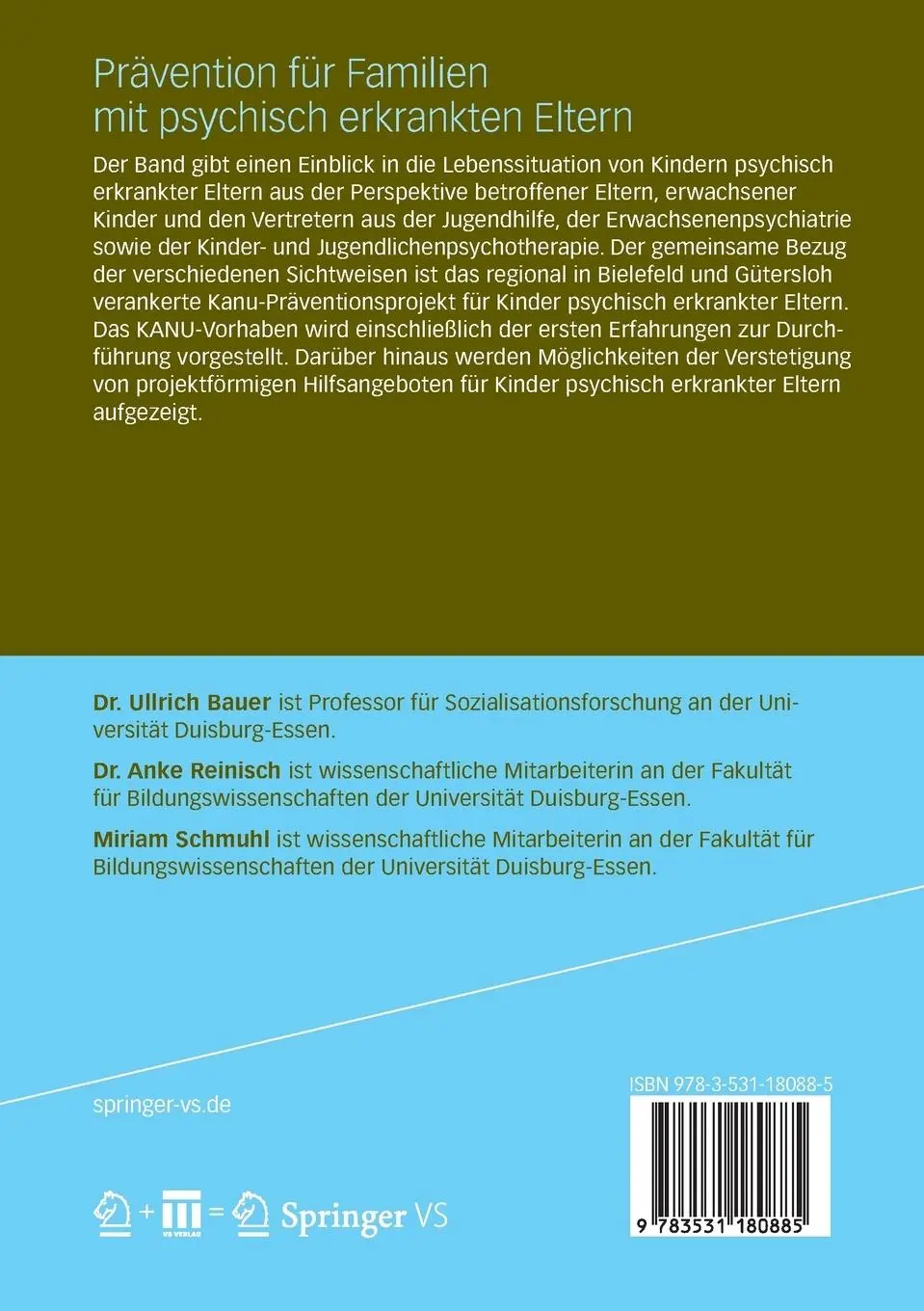 Rückseite: 9783531180885 | Prävention für Familien mit psychisch kranken Eltern | Bauer (u. a.)