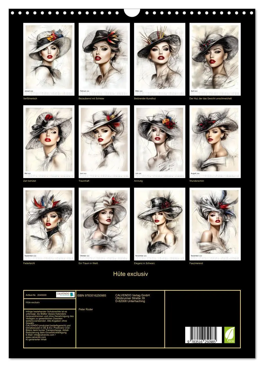 Bild: 9783516250985 | Hüte exclusiv (Wandkalender 2026 DIN A3 hoch), CALVENDO Monatskalender