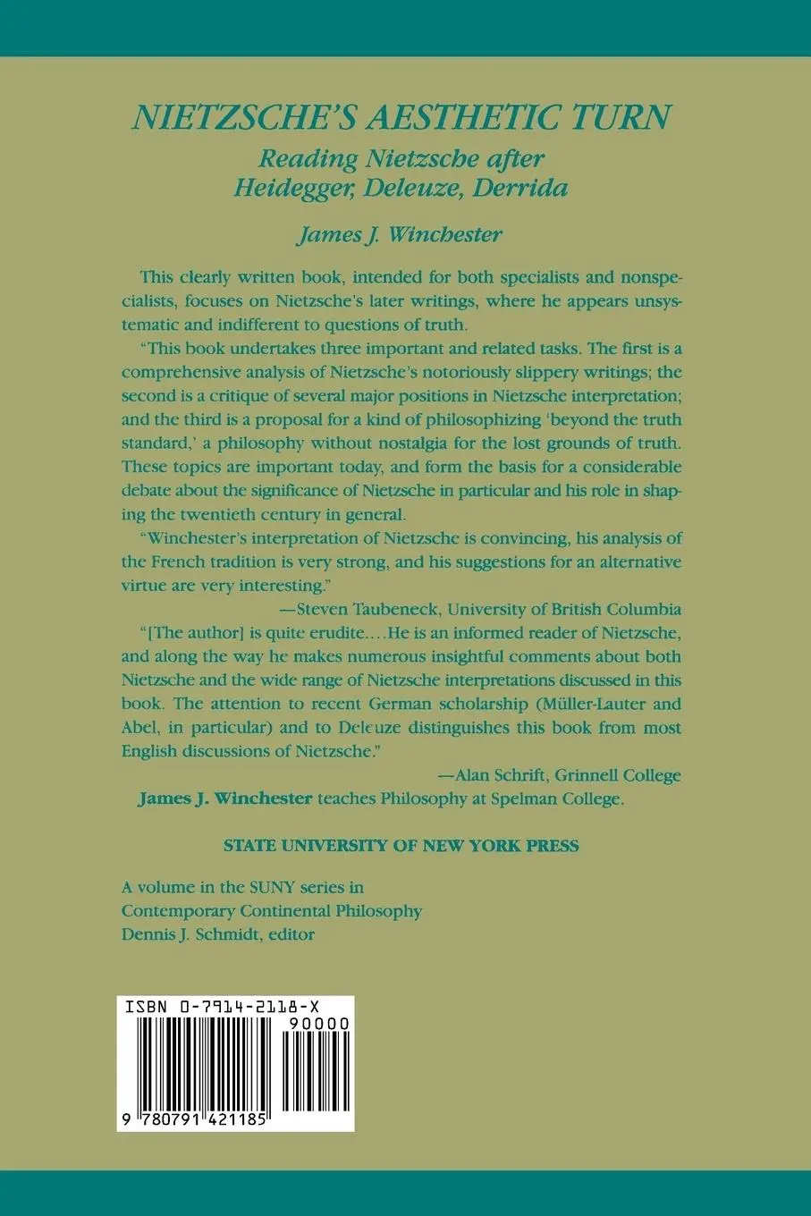 Rückseite: 9780791421185 | Nietzsche's Aesthetic Turn | James J. Winchester | Taschenbuch | 1994