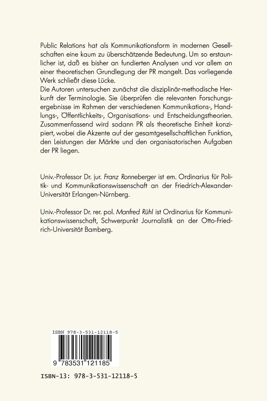 Rückseite: 9783531121185 | Theorie der Public Relations | Ein Entwurf | Manfred Rühl | Buch