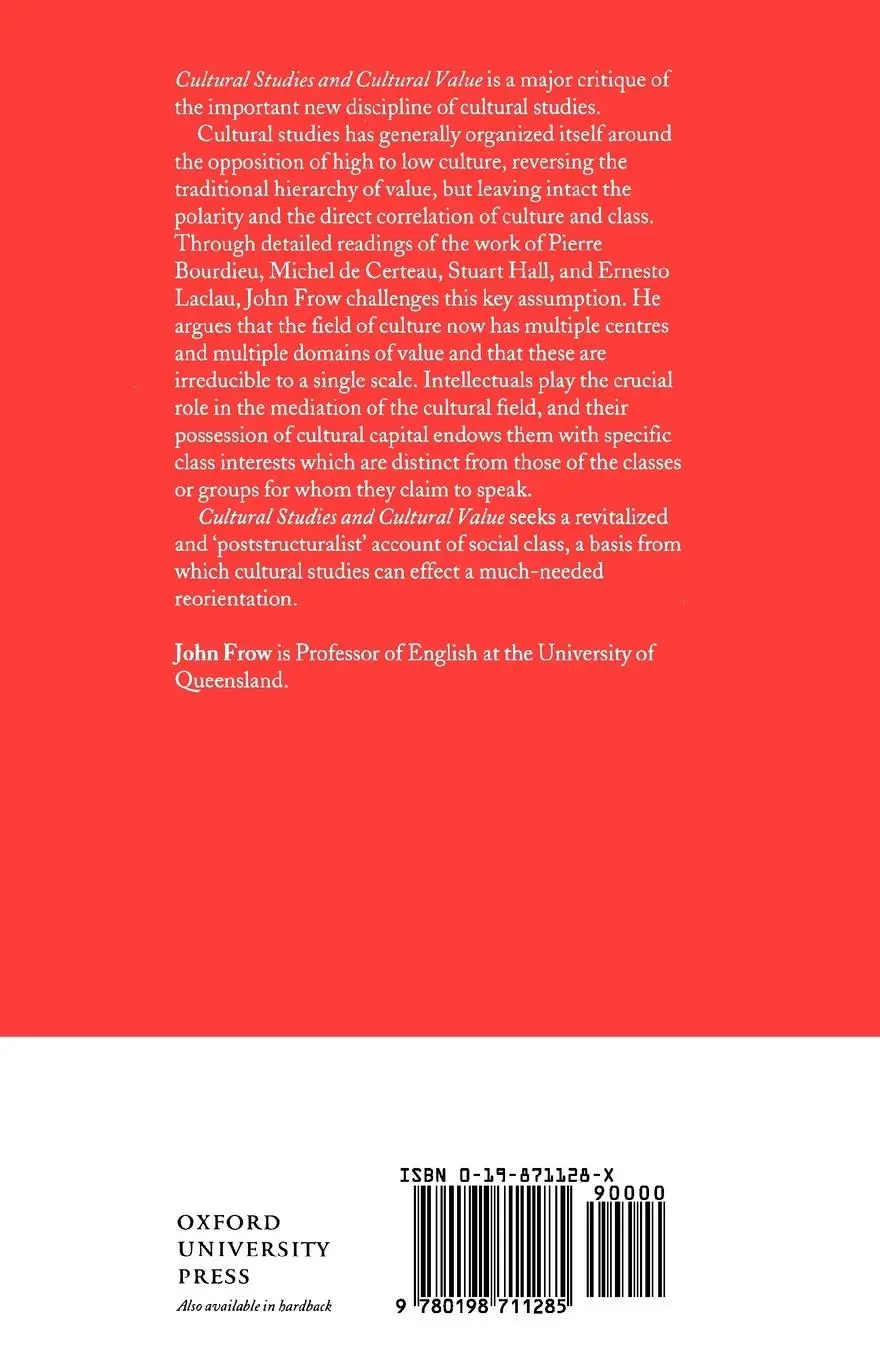 Rückseite: 9780198711285 | Cultural Studies and Cultural Value | John Frow | Taschenbuch | 1995