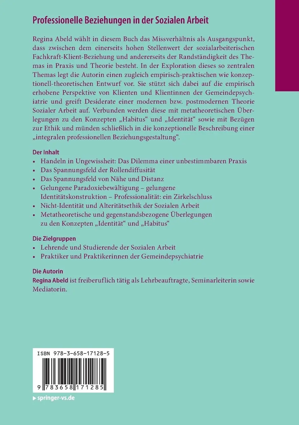 Rückseite: 9783658171285 | Professionelle Beziehungen in der Sozialen Arbeit | Regina Abeld | ix