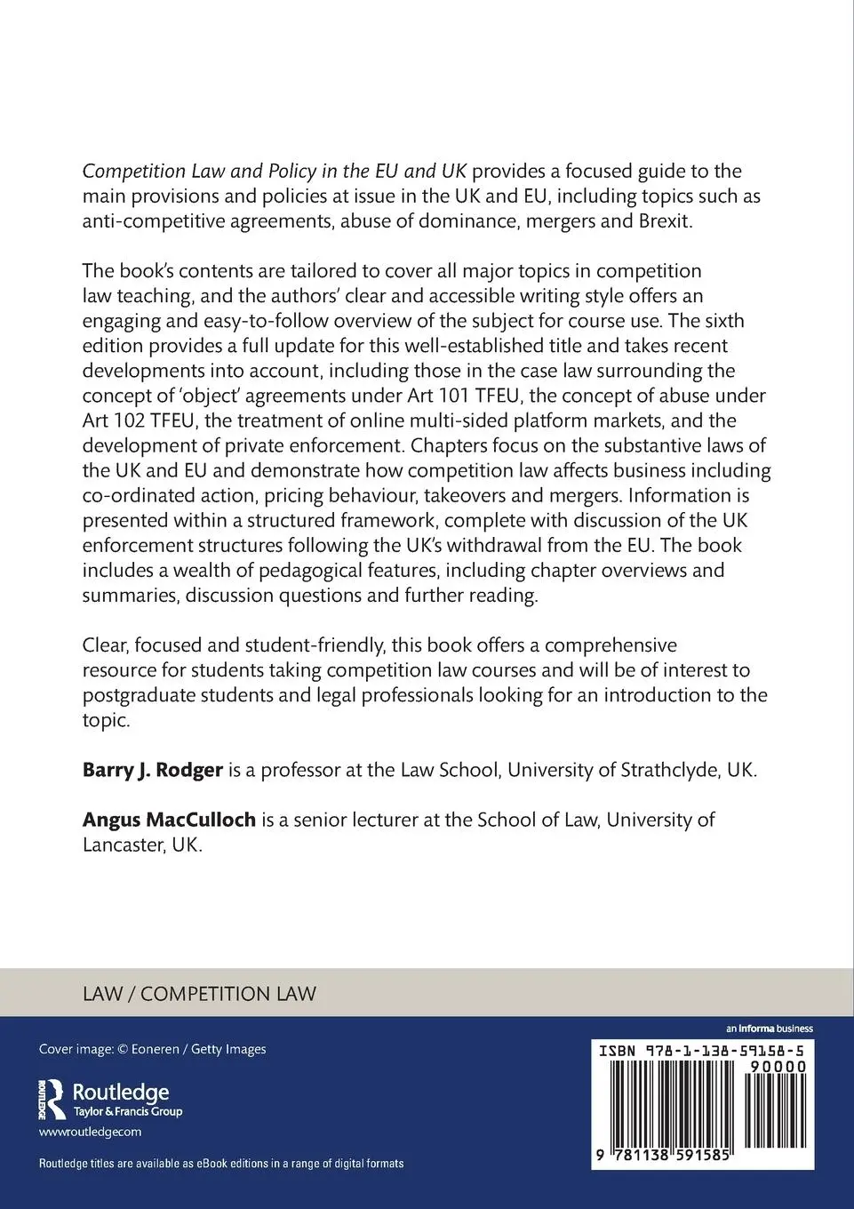 Rückseite: 9781138591585 | Competition Law and Policy in the EU and UK | Barry J. Rodger (u. a.)