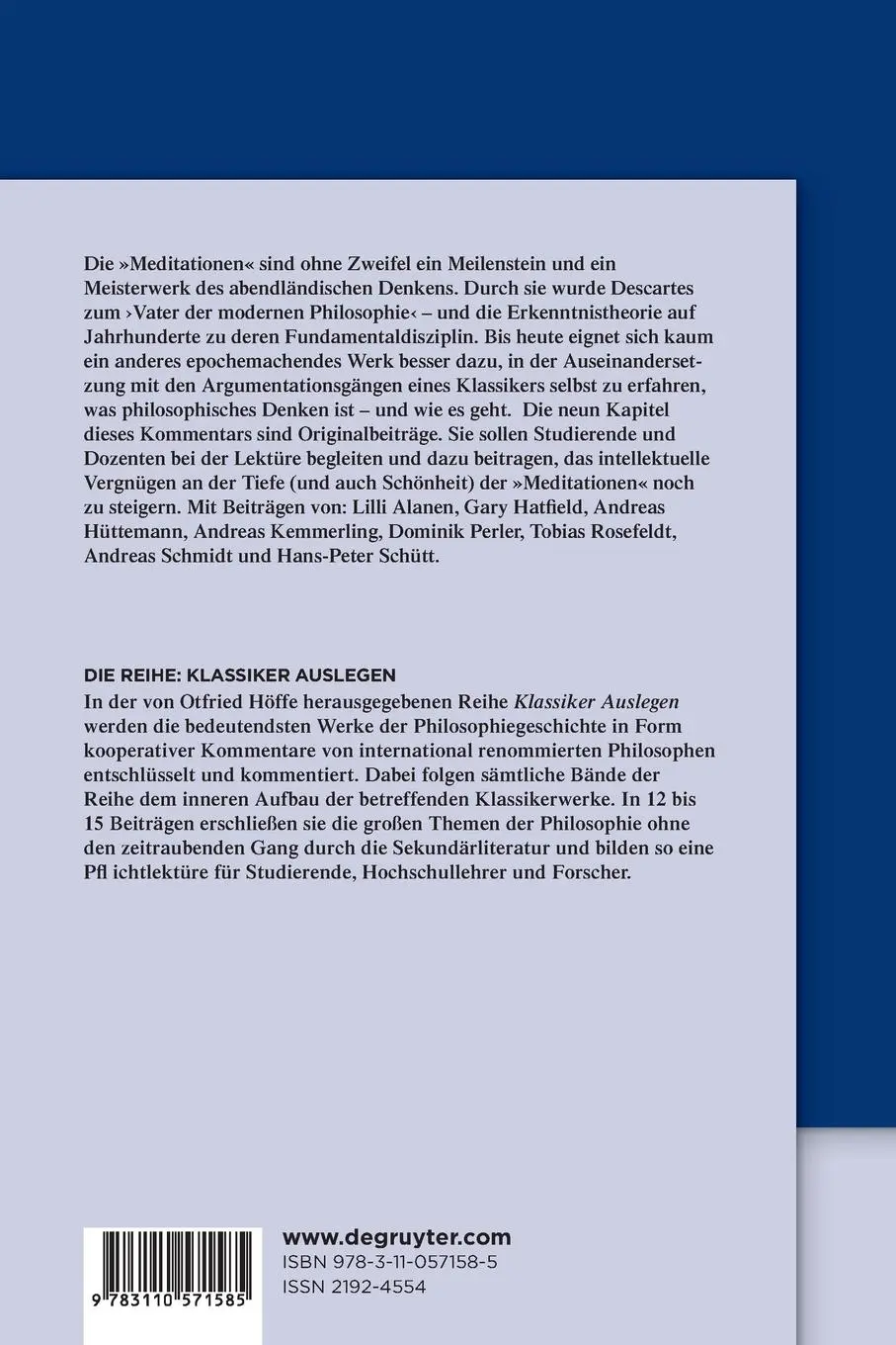 Rückseite: 9783110571585 | René Descartes: Meditationen über die Erste Philosophie | Kemmerling