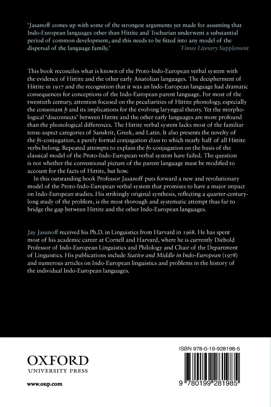 Rückseite: 9780199281985 | Hittite and the Indo-European Verb | Jay H. Jasanoff | Taschenbuch