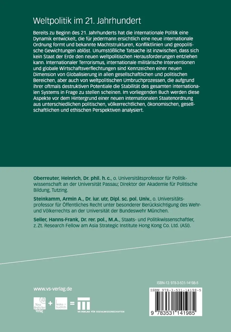 Rückseite: 9783531141985 | Weltpolitik im 21. Jahrhundert | Heinrich Oberreuter (u. a.) | Buch
