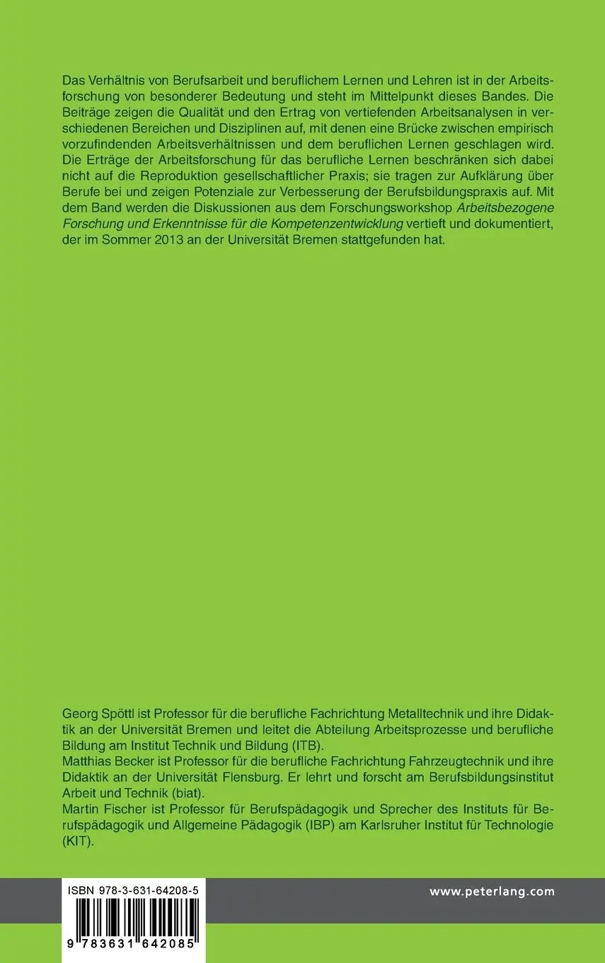 Rückseite: 9783631642085 | Arbeitsforschung und berufliches Lernen | Georg Spöttl (u. a.) | Buch