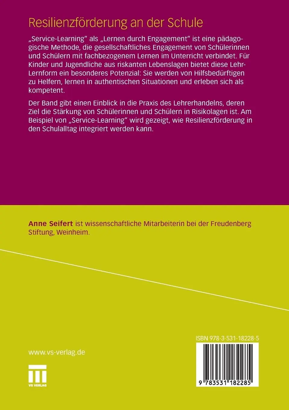 Rückseite: 9783531182285 | Resilienzförderung an der Schule | Anne Seifert | Taschenbuch | xiv